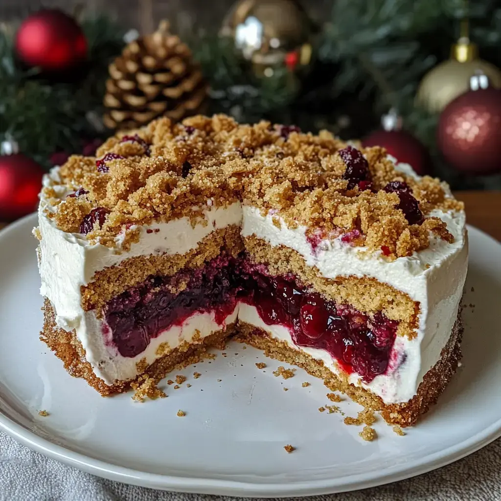 Angeschnittene Torte mit Sahneschicht, roter Kirschmitte und knusprigem Keksboden, festliche Deko im Hintergrund.
