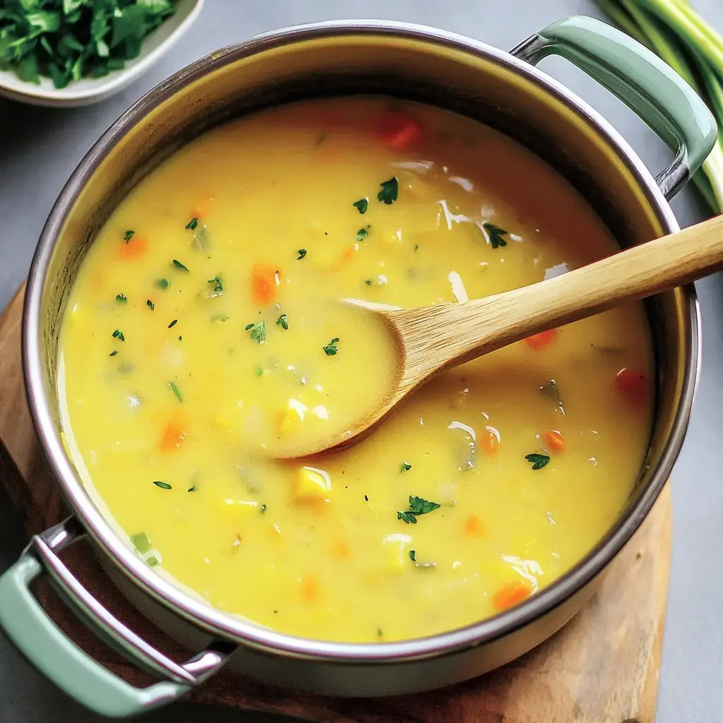 Ein Topf mit samtiger Suppe voller Gemüsewürfel und frischen Kräutern steht auf einem Brett.