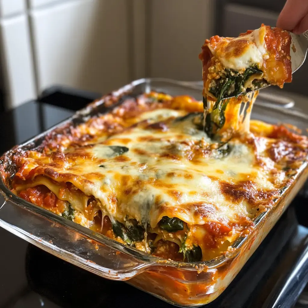 Frische Lasagne mit Spinat und zerlaufenem Käse wird aus dem Ofen geholt.