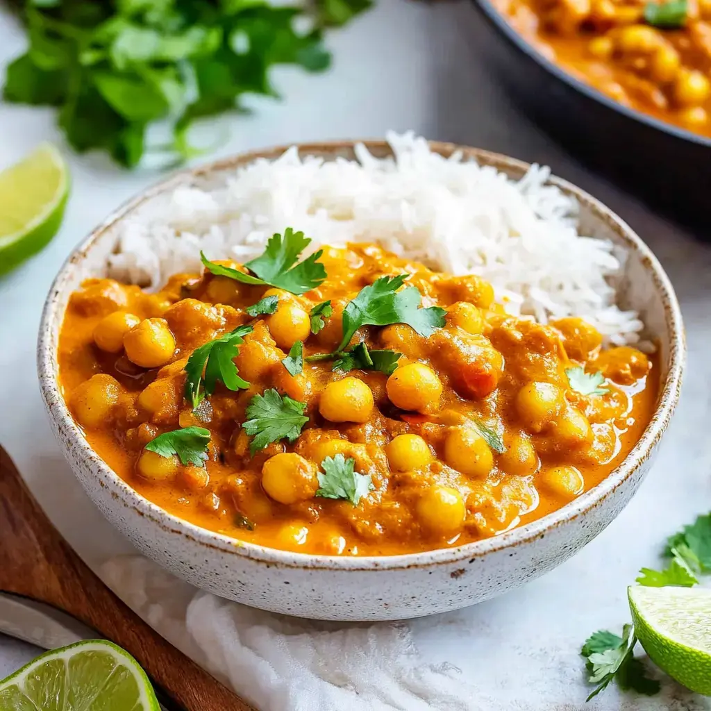 In einer Schale liegt Reis, oben drauf ein cremiges Kichererbsen-Kokos-Curry. Frischer Koriander und eine Limettenecke liegen daneben.