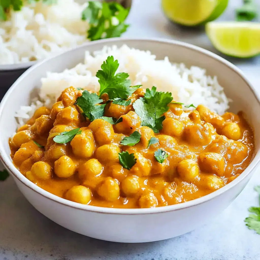 Eine Schüssel Kichererbsencurry getoppt mit Koriander und weißen Reis als Beilage.