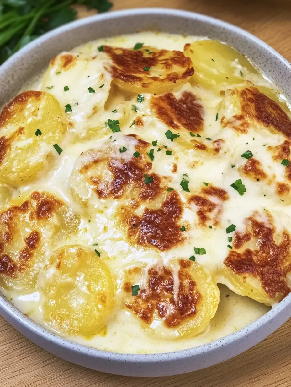Ein Teller mit überbackenen Kartoffeln in cremiger Sauce, garniert mit frischen Kräutern.