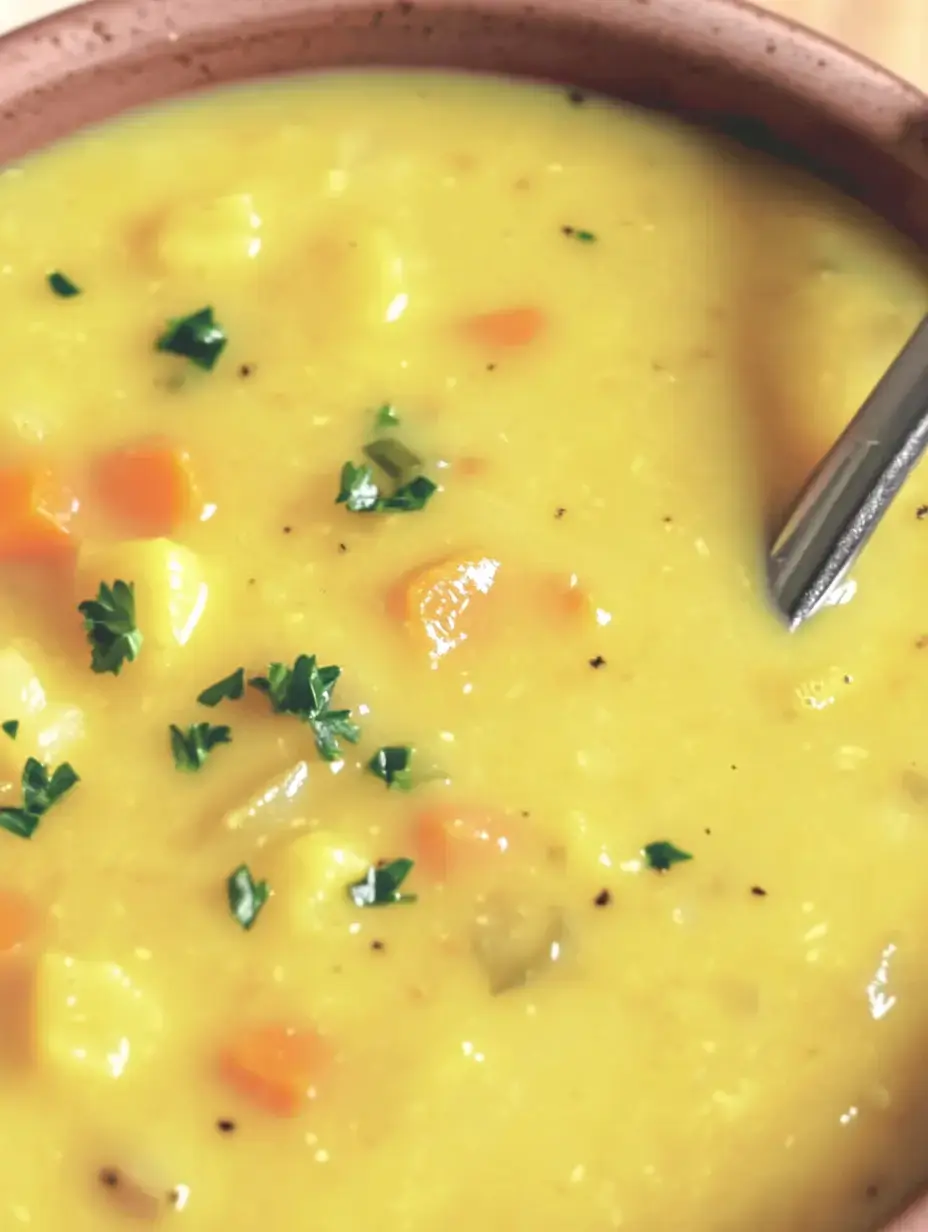Goldgelbe Suppe mit knackigem Gemüse und frischem Schnittlauch, serviert in einer braunen Schale.