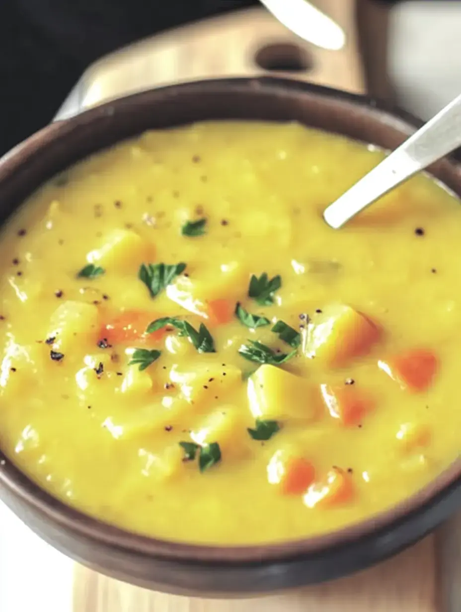 Cremige Suppe in einer Schüssel, oben drauf Petersilie und knackige Gemüsestücke.