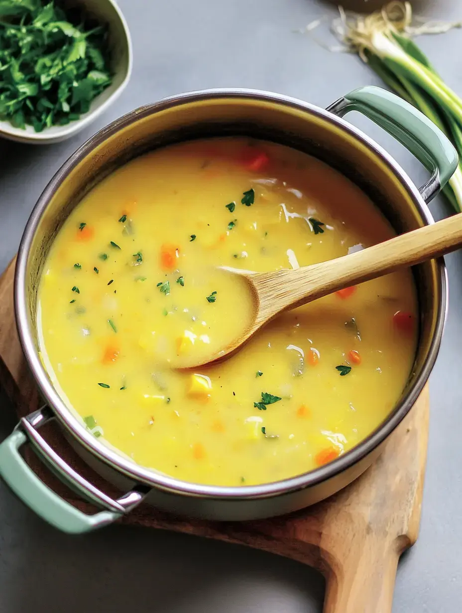 Goldene Suppe mit Kräutern und bunten Gemüsestückchen im Topf auf Holzunterlage.
