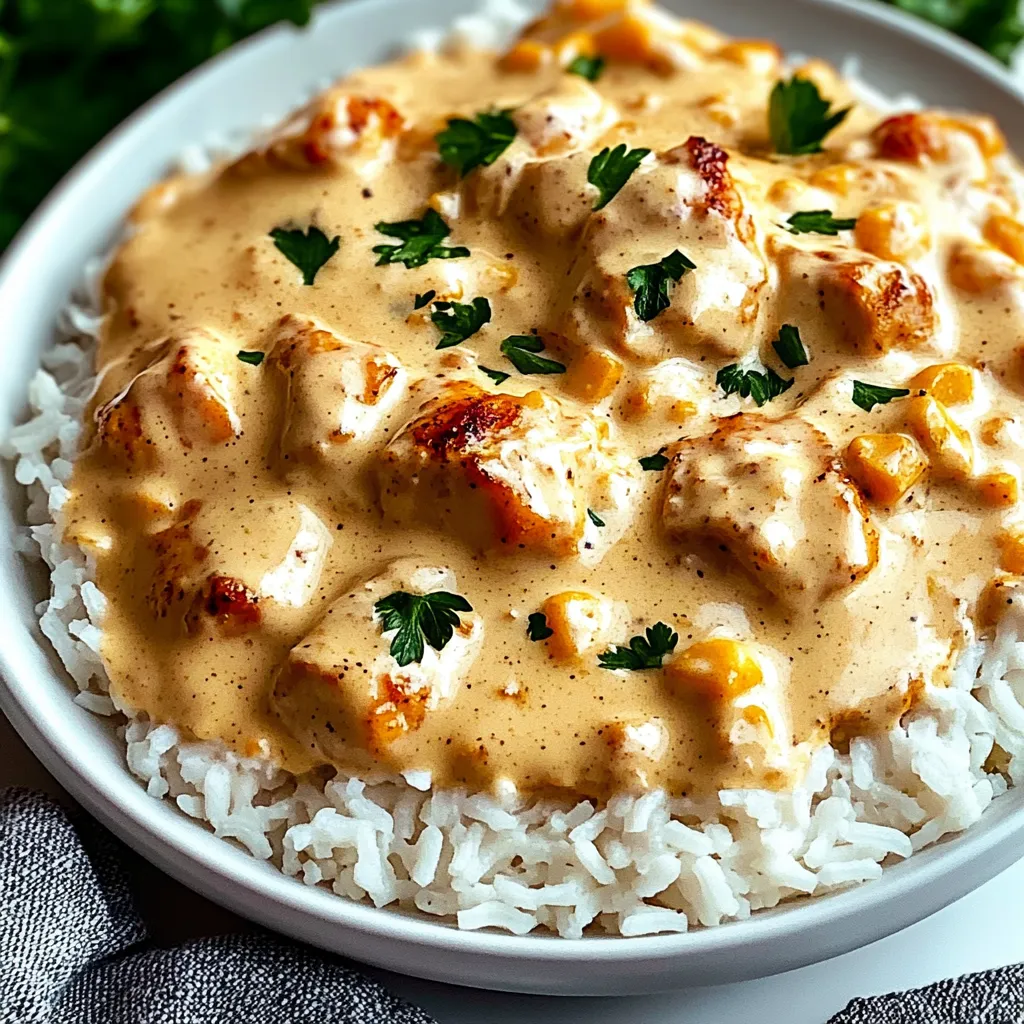 Eine Schale mit Reis, Hühnchen und cremiger Soße.