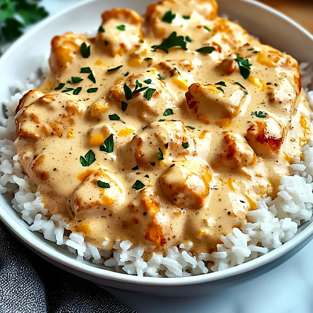 Eine Schüssel Reis mit Hähnchen und cremiger Soße.