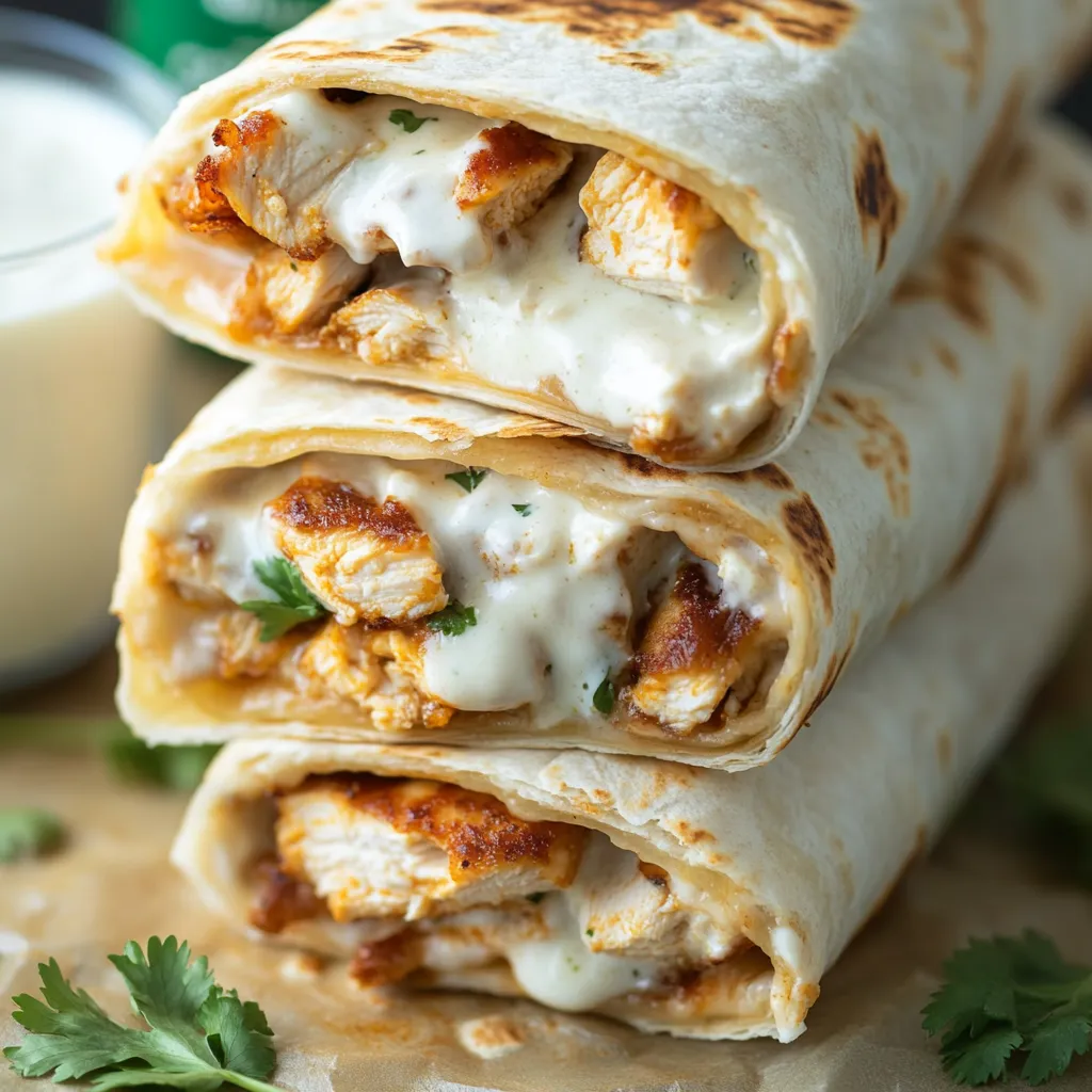 Ein Stapel Chicken-Wraps mit zerlaufenem Käse.