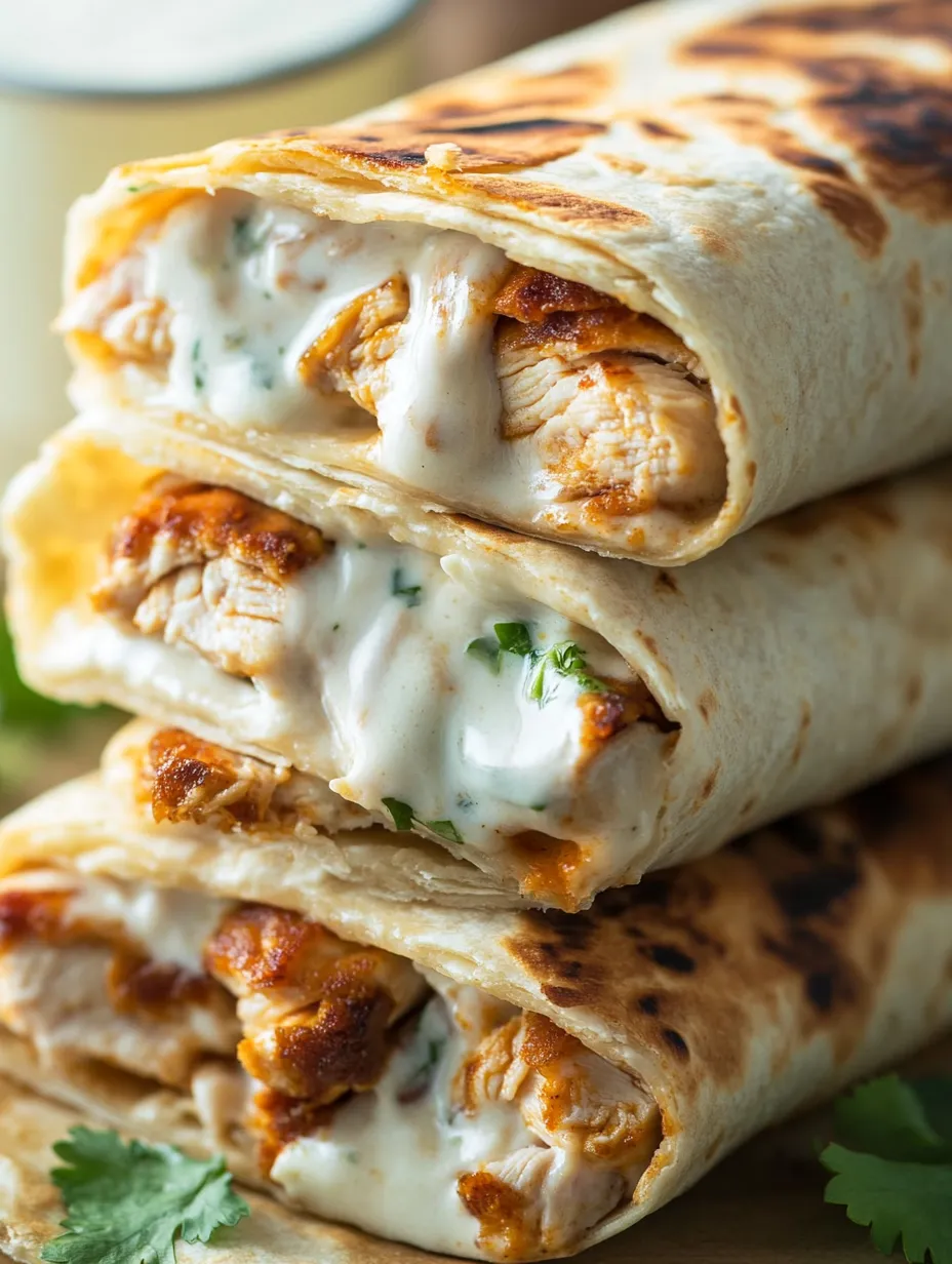 Ein Stapel Chicken Wraps mit weißer Sauce.