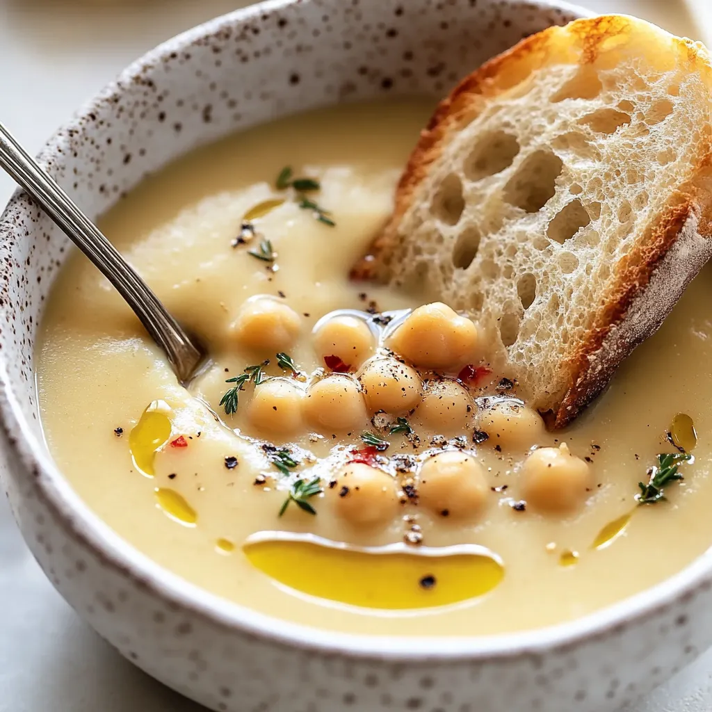 Eine Schüssel Suppe, darauf ein Stück Brot.