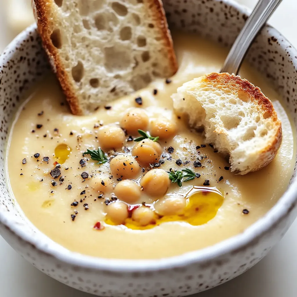 Eine Schale Suppe mit Brotscheibe und Brotstück obendrauf.