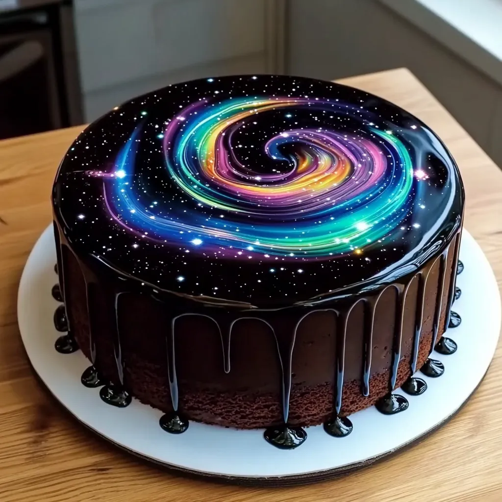 Runde Schokotorte mit Wirbelmuster oben, glasierte Oberfläche, steht auf einem Glasteller auf dem Tisch.