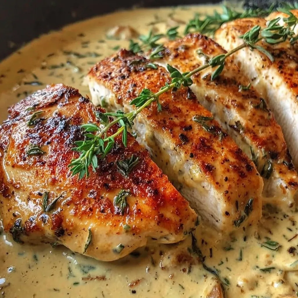 Ein Stück Philly-Hähnchen in kräuteriger, sämiger Soße serviert.