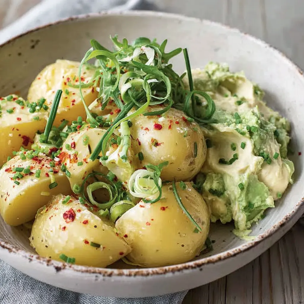 Eine Schüssel mit Kartoffeln und knallgrünem Avocado-Dip.