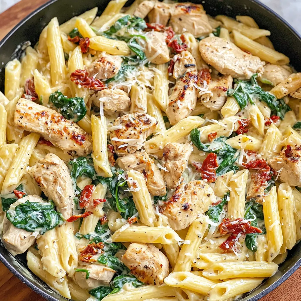 Eine Schüssel mit Pasta, Chicken und Spinat.