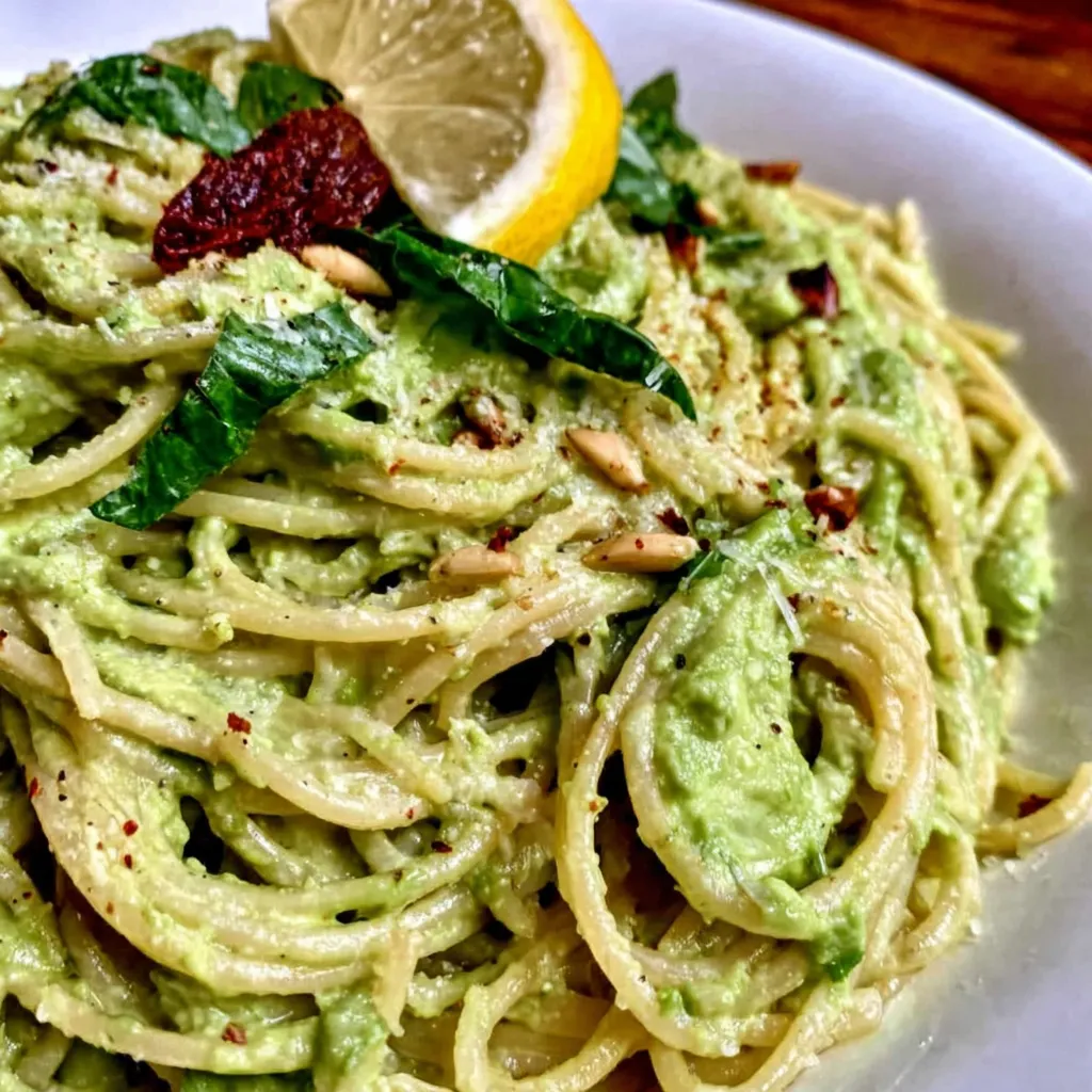 Eine Platte mit Pasta, die mit Avocado und Nüssen garniert ist.