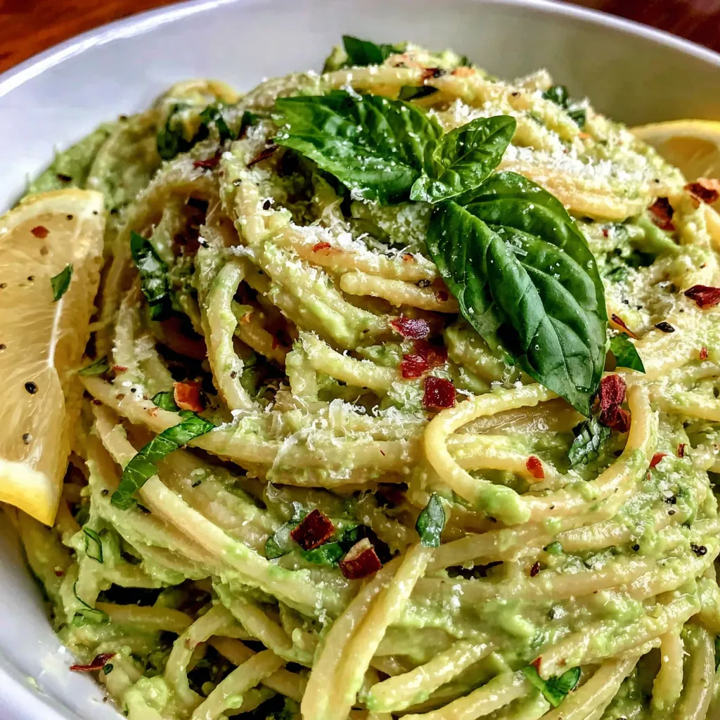 Eine Schüssel mit Pasta, die mit Avocado, Parmesan und Basilikum garniert ist.