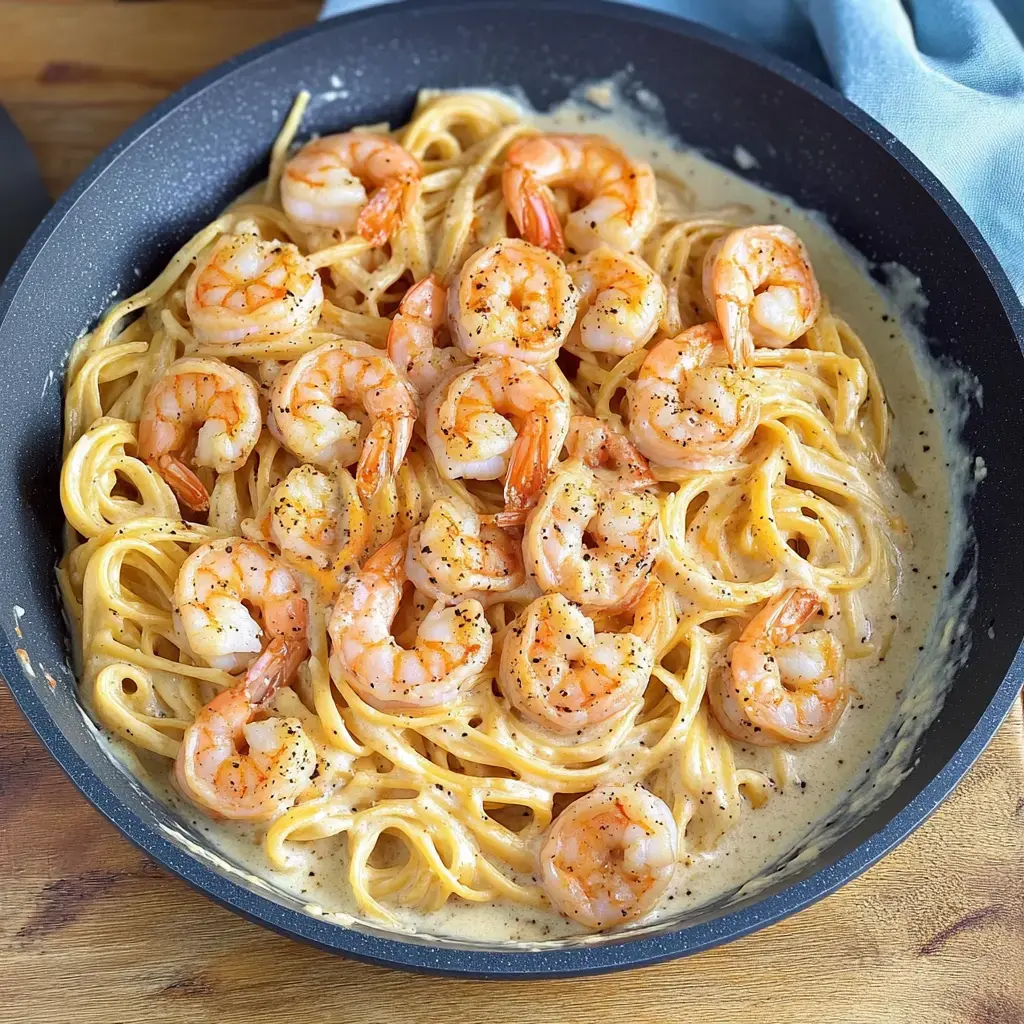 Ein Teller Linguine mit Garnelen in einer cremigen Sauce, garniert mit schwarzem Pfeffer.