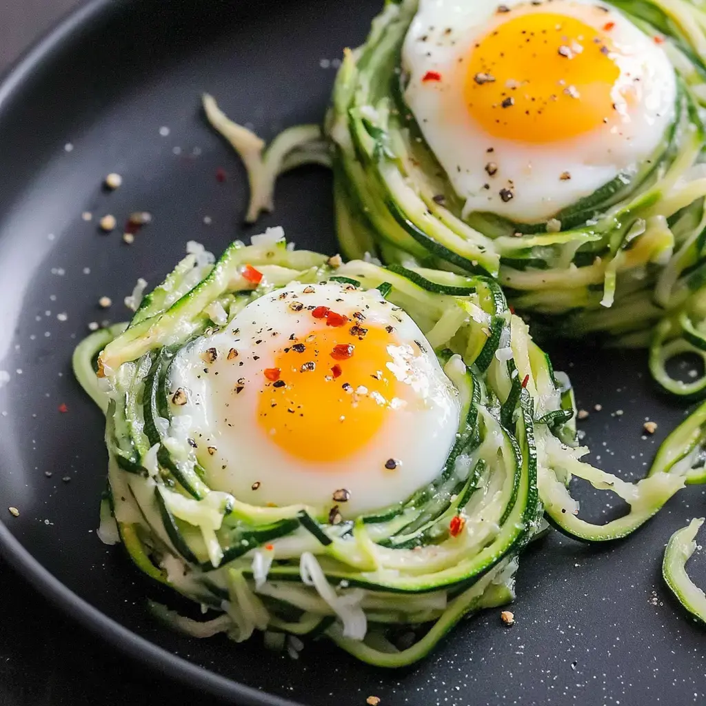 Zwei körbchenförmige Zucchini-Nudeln mit je einem weichen Ei, gewürzt mit Pfeffer und roten Chilistreusel, auf einem dunklen Teller.