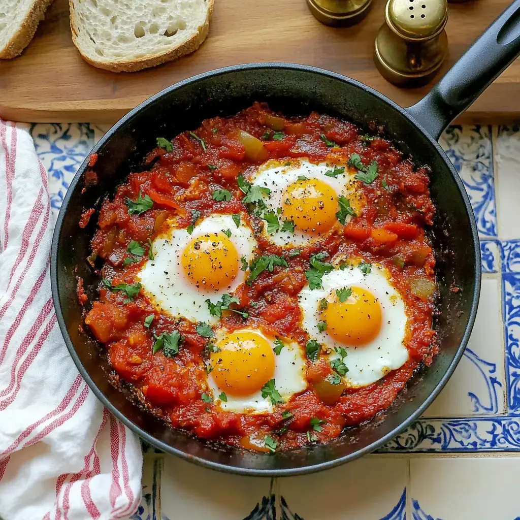 Eine Bratpfanne mit drei Eiern in feuriger Tomatensauce garniert mit frischem Petersiliengrün auf einem bunten Fliesentisch mit Brotscheiben im Hintergrund.