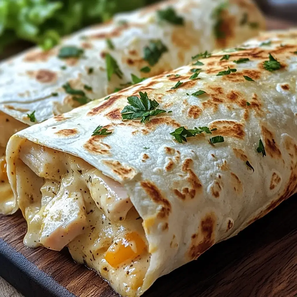Zwei gefüllte Tortillas mit Kräutern und einer cremigen Füllung aus Hühnchen und Gemüse auf einem Holzbrett.