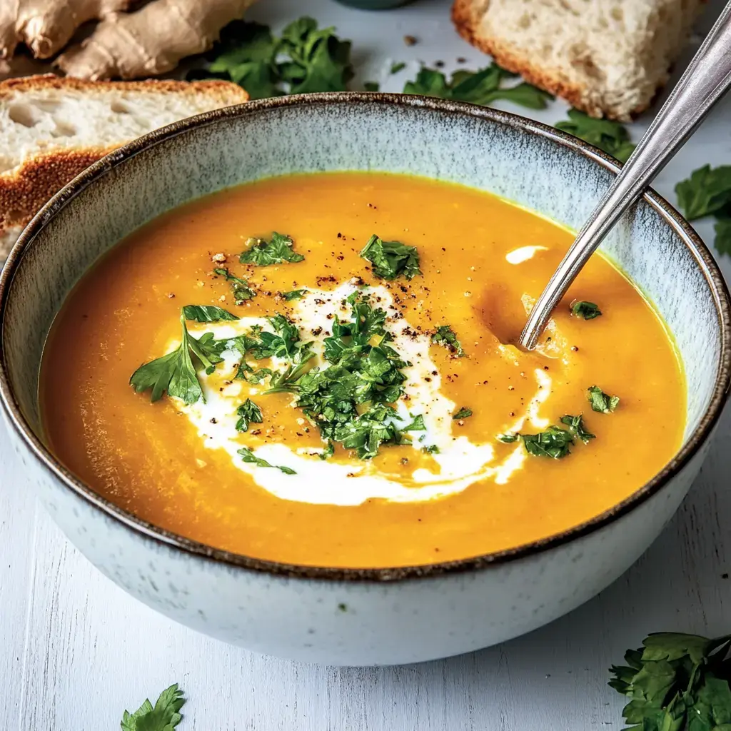 Eine Schale voll cremig-oranger Suppe, getoppt mit Koriander und einem Sahneklecks, drumherum Brotscheiben und Ingwerstücke.