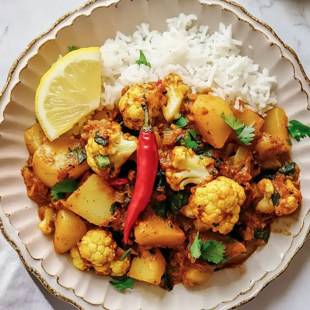 Ein Teller mit Curry aus Blumenkohl und Kartoffeln, garniert mit frischem Koriander, einer roten Chili und einer Zitronenscheibe, serviert mit Beilagenreis.