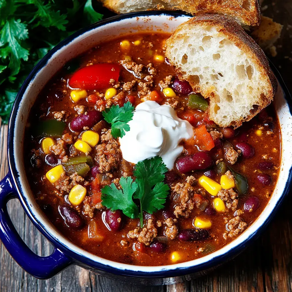 Eine dampfende Portion Chili mit Sahnehäubchen und frischem Koriander oben drauf, dazu geröstetes Brot am Teller.