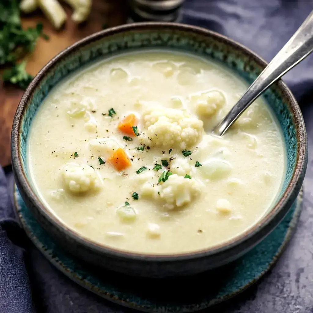 Cremige Blumenkohlsuppe in einer Schale, garniert mit Kräutern. Karottenstückchen und Blumenkohlstücken drauf.