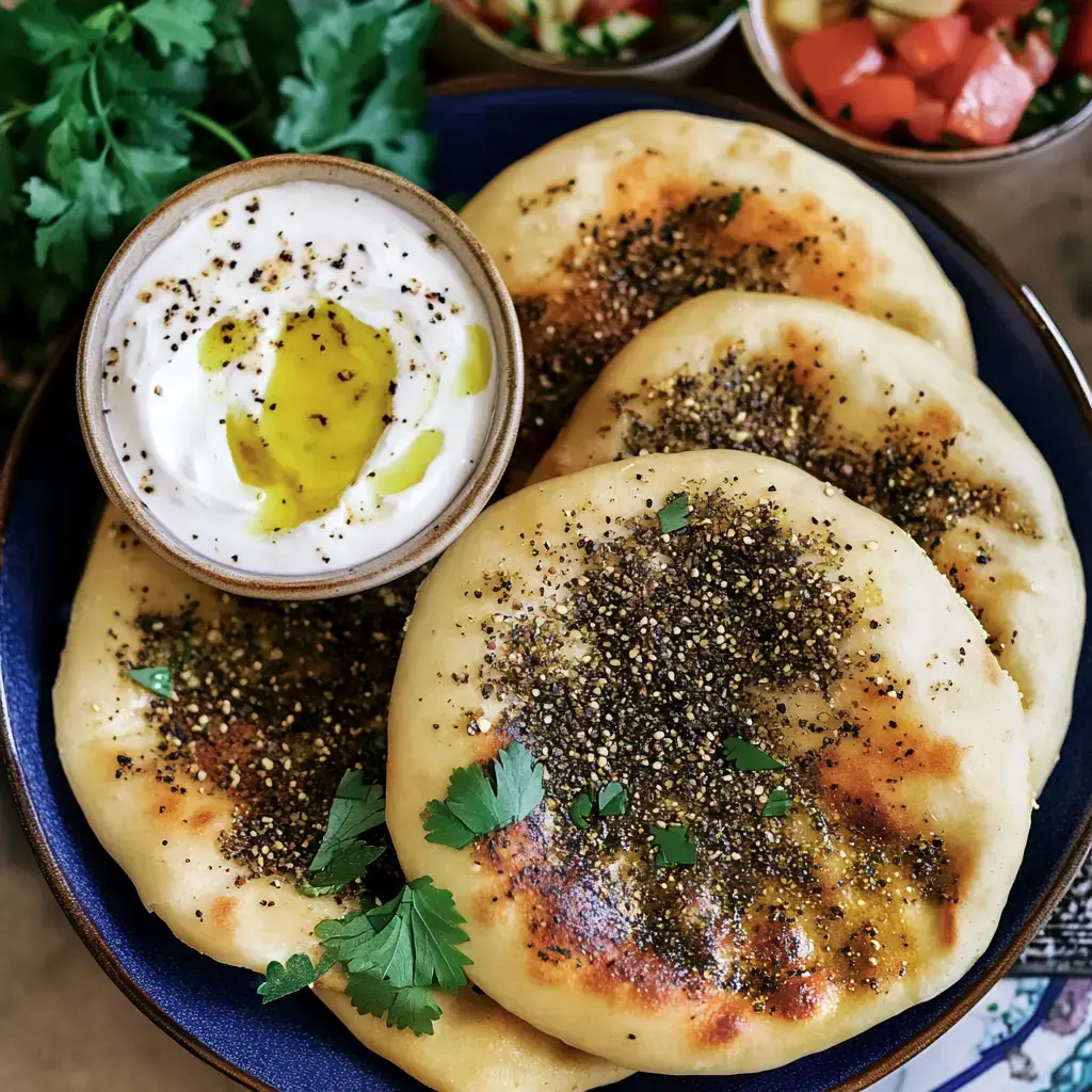 Ein Teller mit drei goldbraunen Fladenbroten, bestreut mit schwarzem Pfeffer und serviert mit einer kleinen Schüssel Joghurt, die mit Olivenöl und Gewürzen garniert ist.