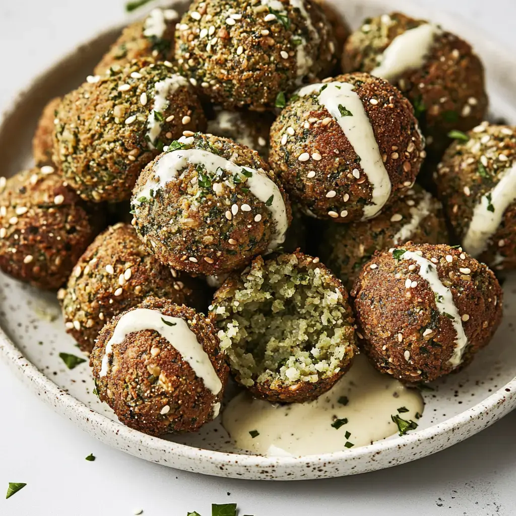 Ein Teller mit goldbraunen, sesambestreuten Falafel-Kugeln, einige mit Senfsoße beträufelt, eine davon halbiert.