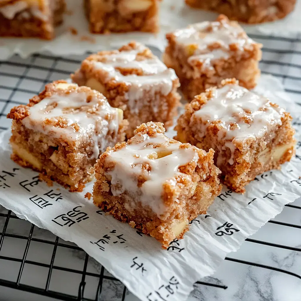 Fünf Apfelkuchenwürfel mit Zuckerguss auf einem Gitter.