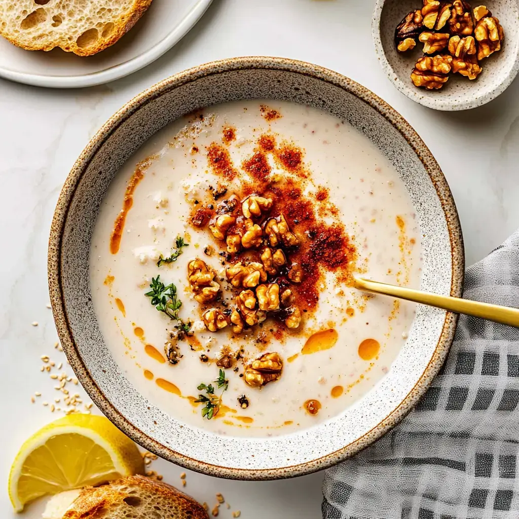Eine helle Suppe mit Kichererbsen, oben Walnüsse, Gewürzöl, frische Kräuter – daneben Zitronenspalte und dicker Brotrand.