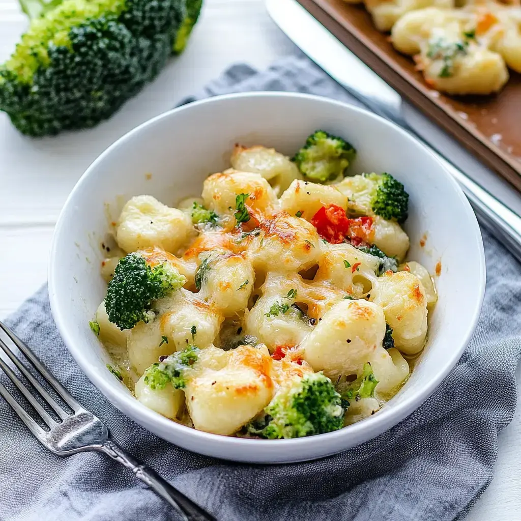 Schale mit überbackenem Gnocchi-Brokkoli-Gratin, mit Kräutern und goldener Käsekruste garniert.