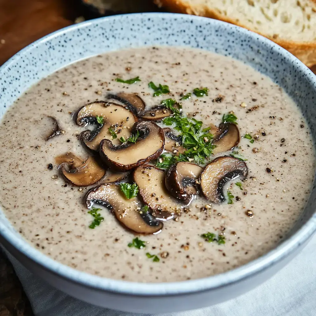 Weiße Schale mit cremiger Pilzsuppe, gebratene Pilze und Kräuter obendrauf, bestreut mit Pfeffer.
