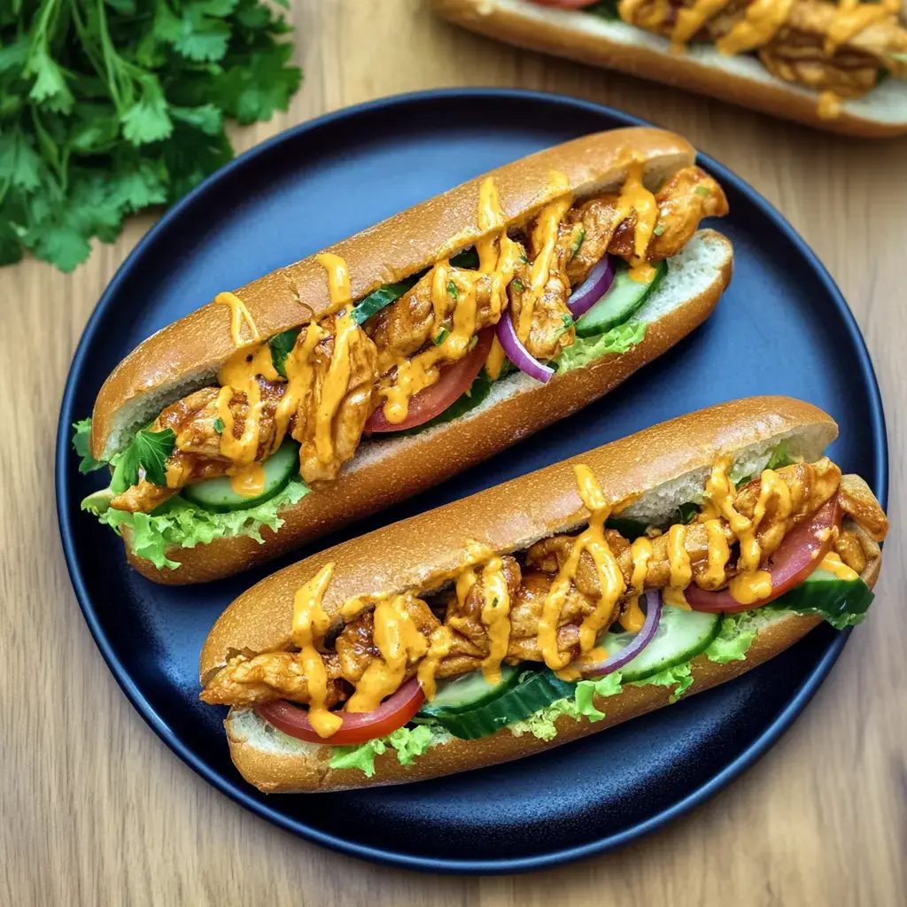 Auf einem dunklen Teller liegen zwei Baguettes, gefüllt mit Hähnchen, knackigem Gemüse und einer cremigen Soße.