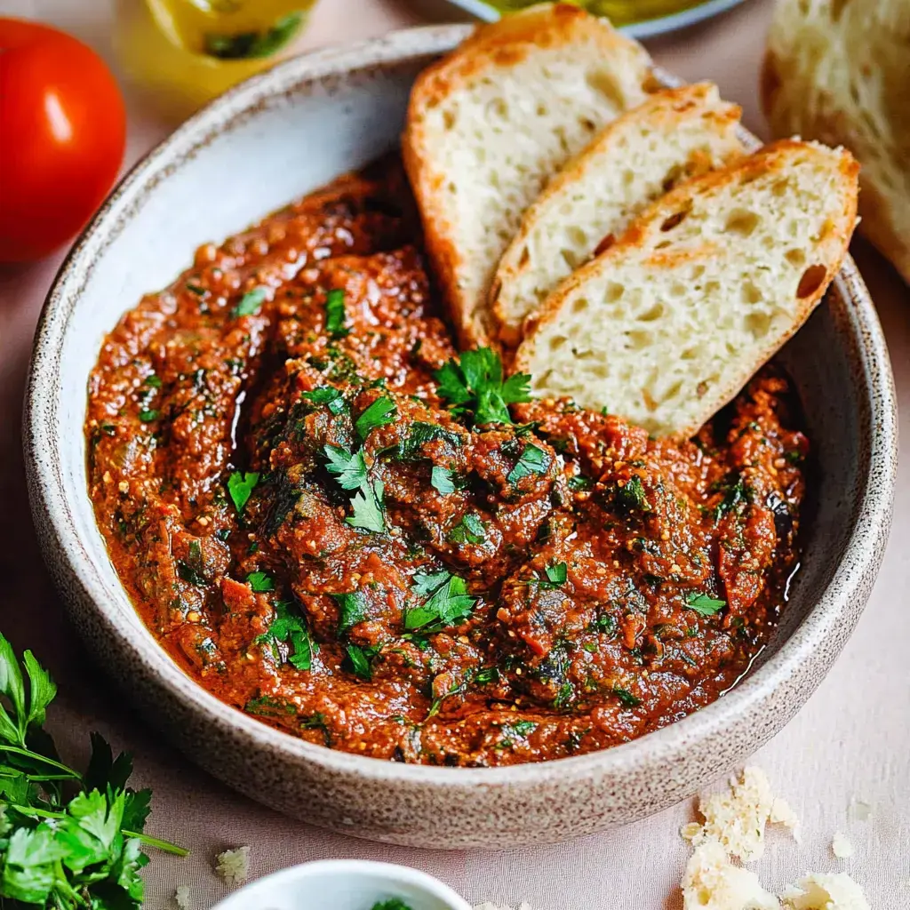 In einer Schüssel liegt ein würziger Tomaten-Auberginen-Dip mit frischer Petersilie, daneben ein paar Brotscheiben und Zutaten.