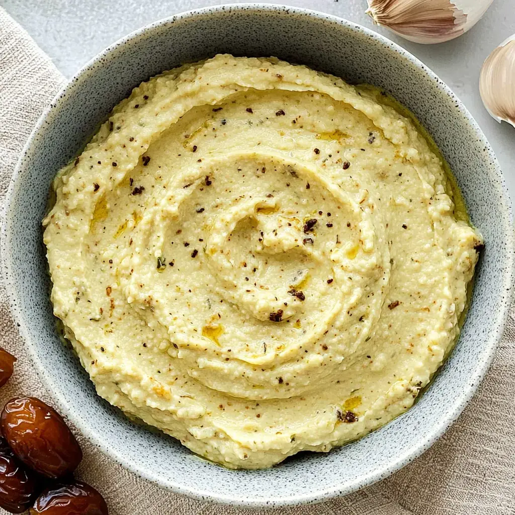 In einer Schale liegt cremiger Aufstrich, dekoriert mit frischen Kräutern, Datteln und Knoblauch drumherum.