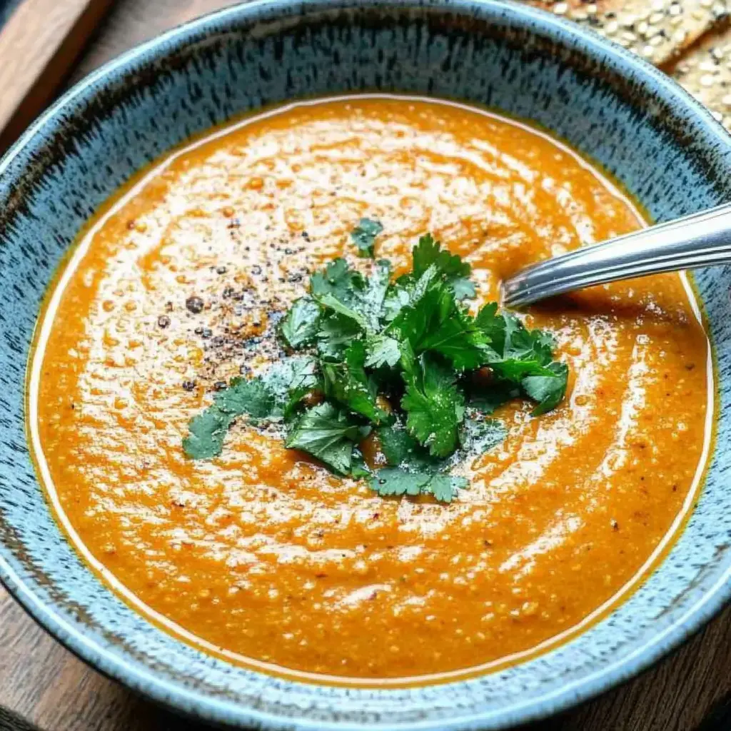Eine Schale orange-rote, cremige Suppe mit viel Koriander und Pfeffer obendrauf, serviert in einer blauen Bowl.