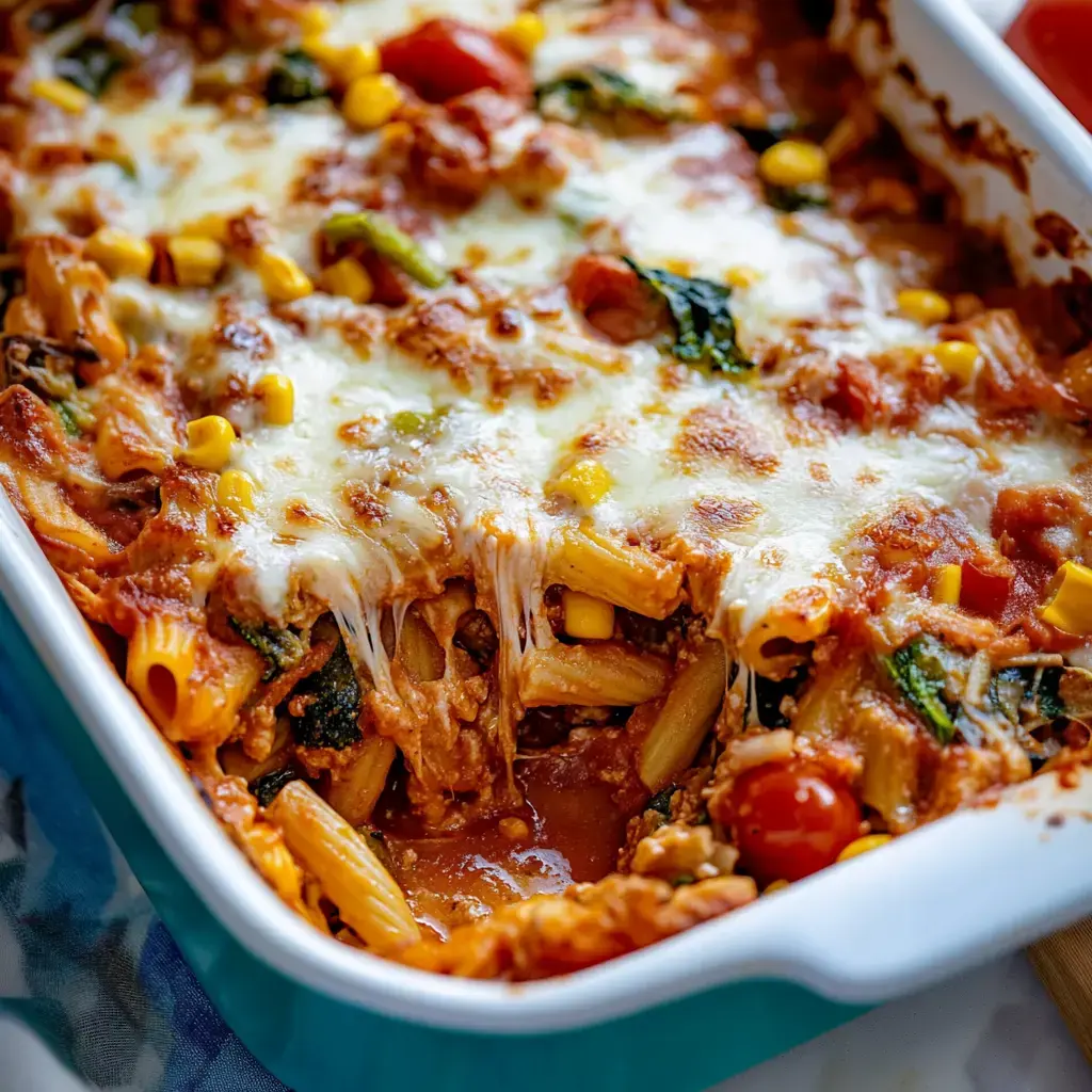 Pasta-Auflauf mit Tomaten, Käse und Gemüse aus dem Ofen.