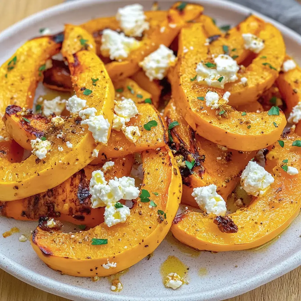 Ein Teller mit goldbraunen Kürbisstücken, bestreut mit Feta und frischen Kräutern.