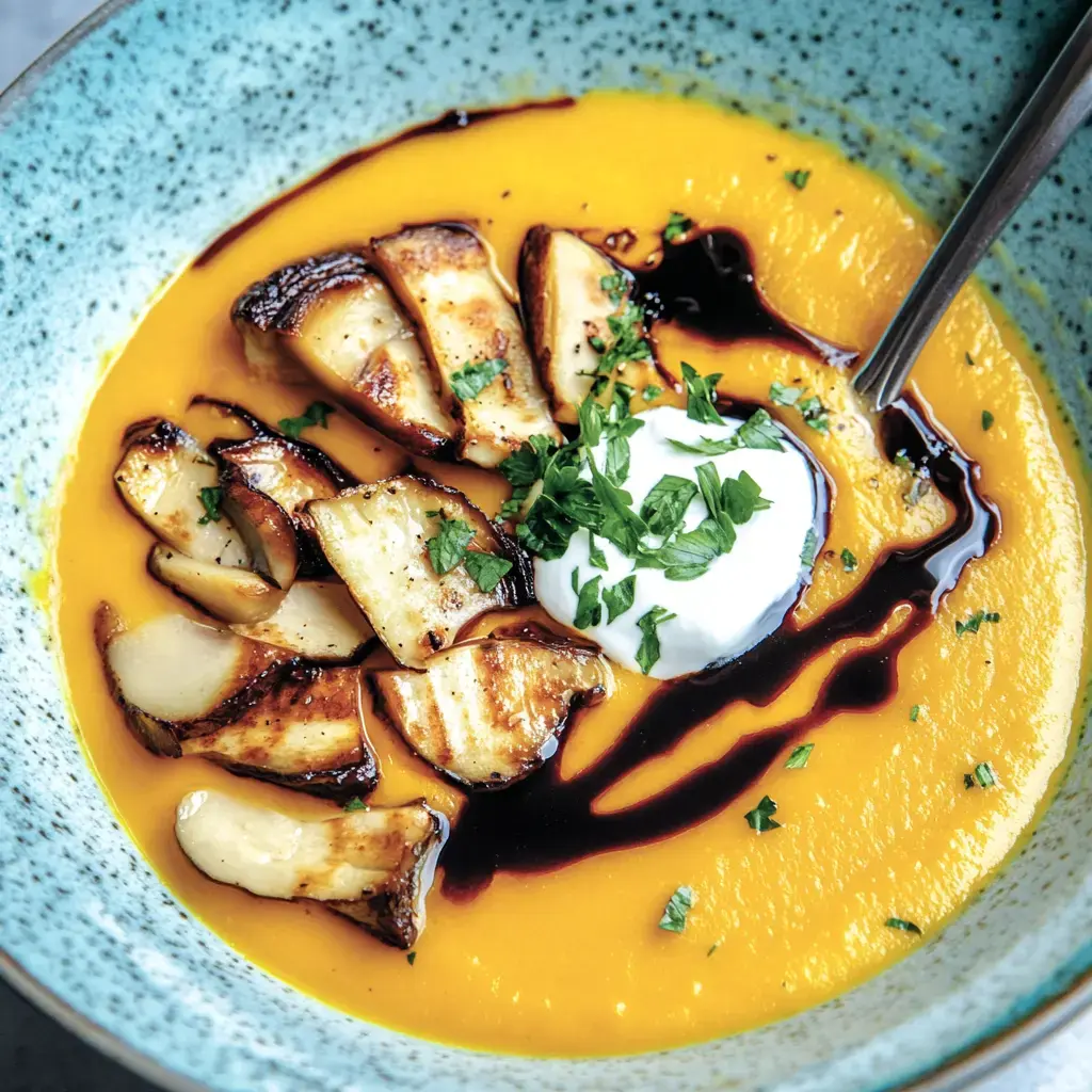 Eine dampfende Suppe mit Kürbis, getoppt mit goldbraunen Pilzen, etwas Creme und Kürbiskernöl.