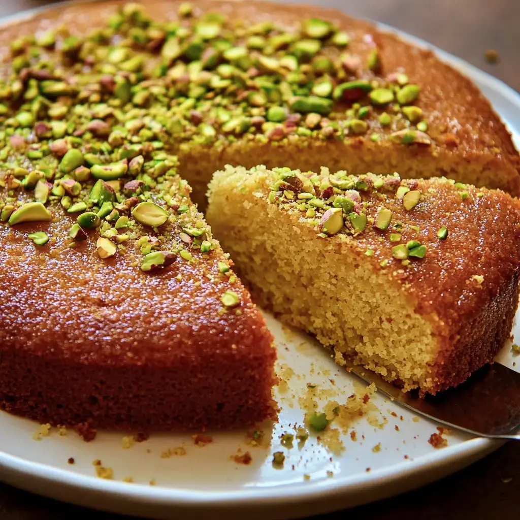 Ein runder Kuchen mit Pistazienstückchen, aus dem ein Stück herausgeschnitten wurde, liegt auf einem weißen Teller.