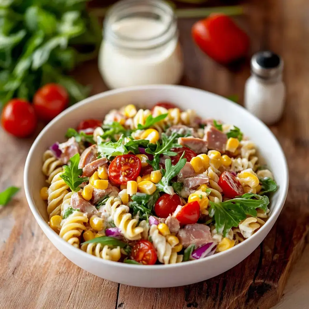 Bunter Nudelsalat mit Mais, Tomaten, Rucola und Schinken in einer weißen Schale serviert.