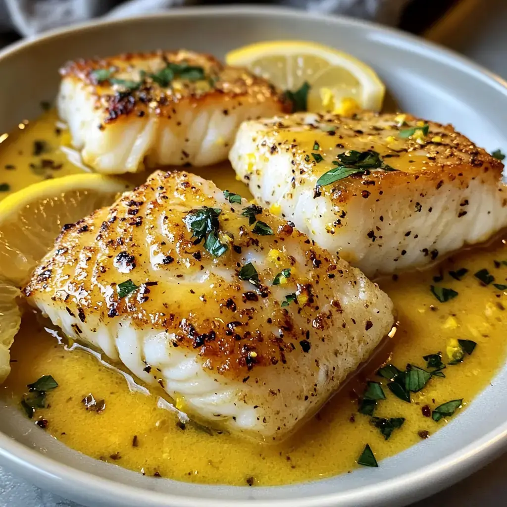 Knuspriger Fisch mit frischer Zitronenscheibe und grünen Kräutern in cremiger Butter auf einem Teller angerichtet.