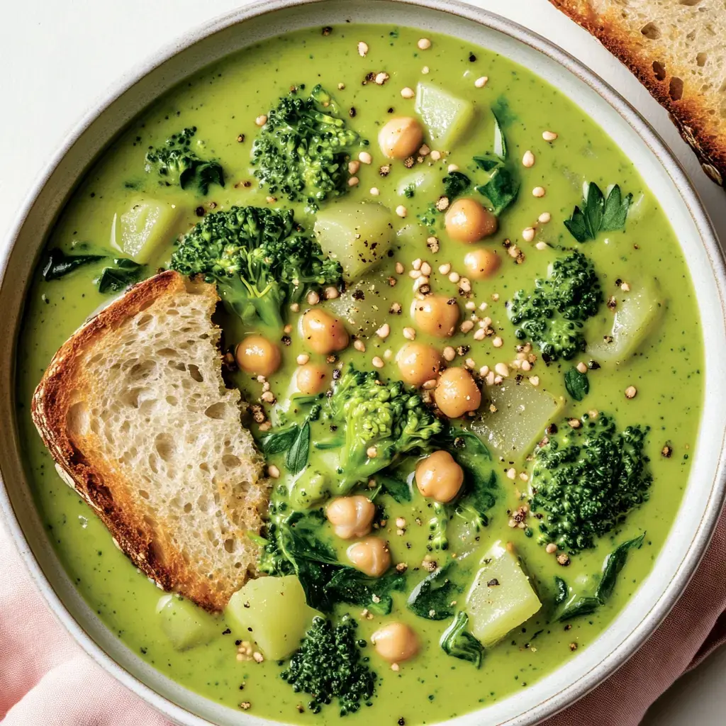 In einer Schale schwimmt eine grüne Suppe mit Kichererbsen, Kartoffeln, Brokkoli und einem Stück geröstetem Brot.