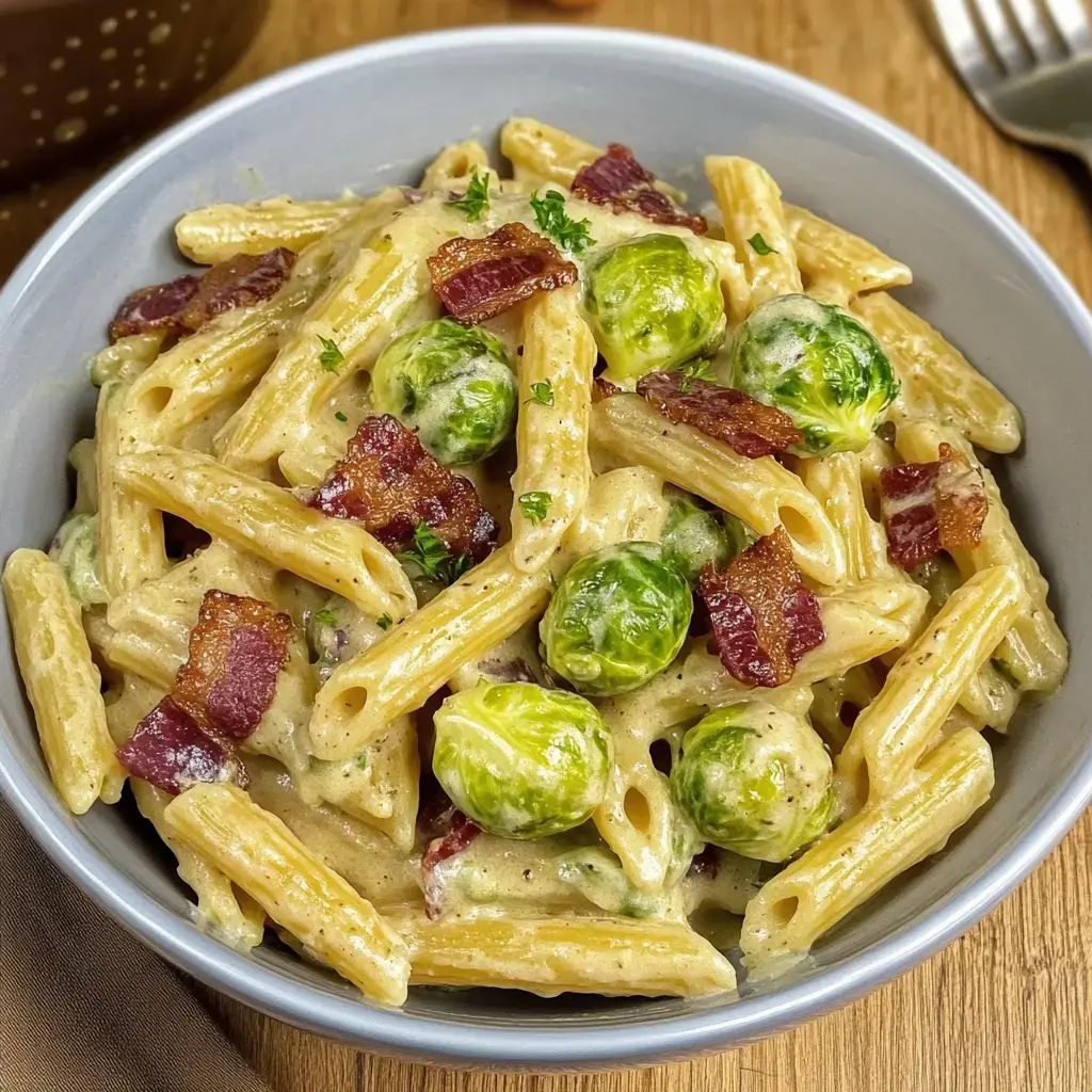 Ein Teller Nudeln mit Bacon und Rosenkohl in einer sahnigen Soße.