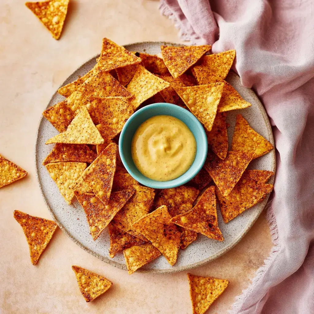 Ein großer Teller Tortilla-Chips, daneben eine kleine Schale mit einer dickflüssigen gelben Soße.