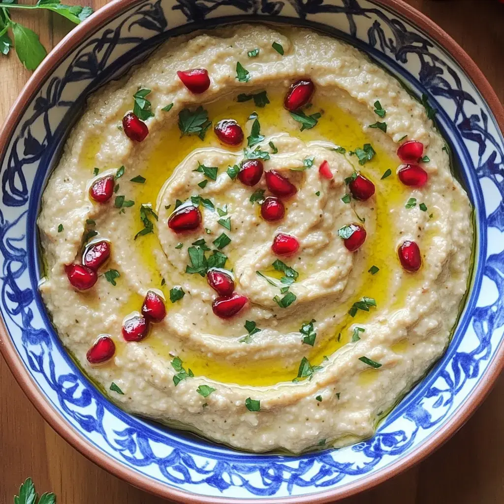 Bunter Teller mit Auberginen-Dip, Granatapfel, frischer Petersilie und ordentlich Olivenöl, hübsch angerichtet.