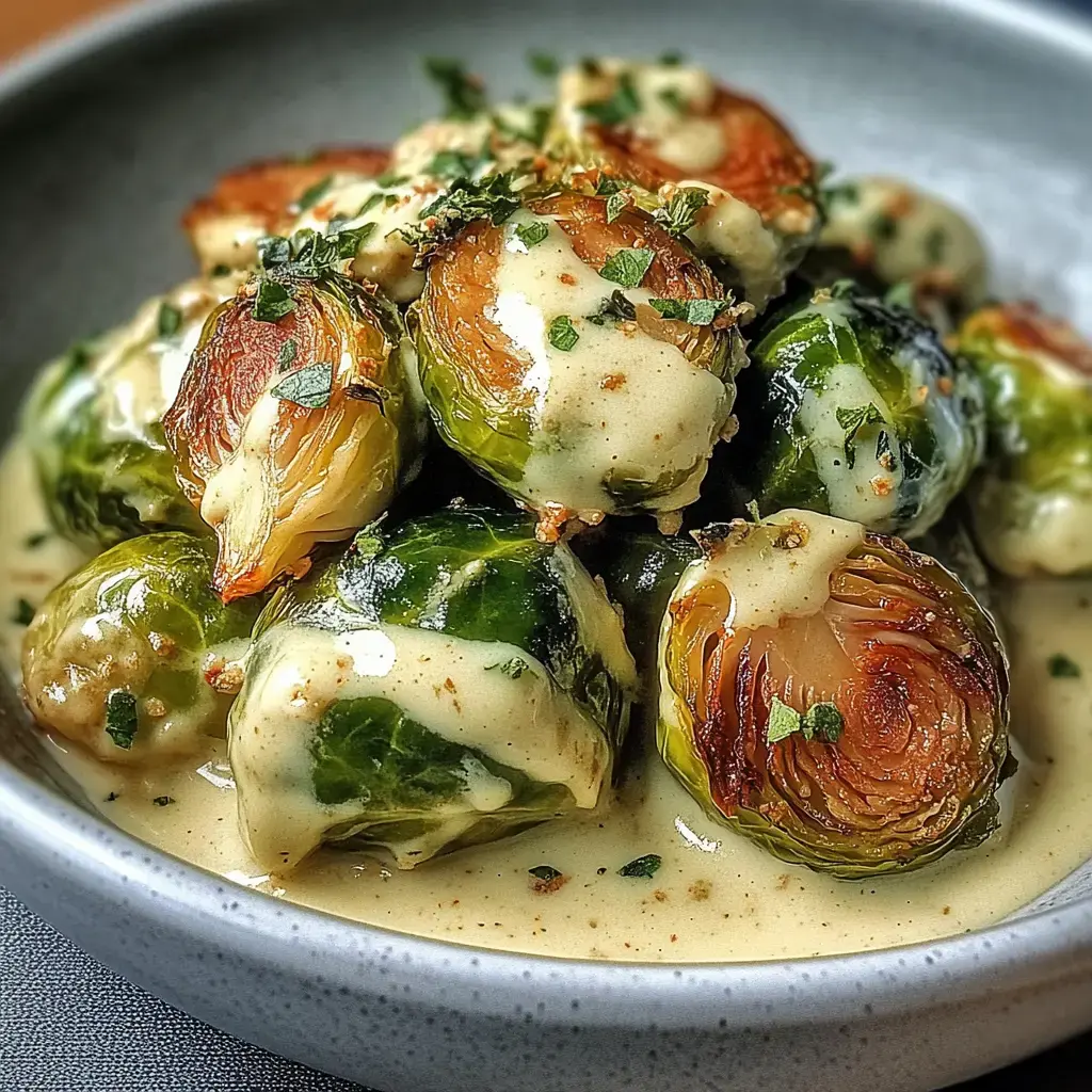 Auf dem Teller liegt Rosenkohl in einer cremigen Sauce, mit frischem Grün bestreut.